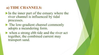 a) TIDE CHANNELS:
In the inner part of the estuary where the
river channel is influenced by tidal
processes.
 The low-gradient channel commonly
adopts a meandering form.
 when a strong ebb tide and the river act
together, the combined current may
transport sand.
 