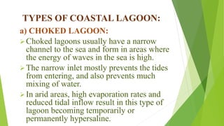 TYPES OF COASTAL LAGOON:
a) CHOKED LAGOON:
Choked lagoons usually have a narrow
channel to the sea and form in areas where
the energy of waves in the sea is high.
The narrow inlet mostly prevents the tides
from entering, and also prevents much
mixing of water.
In arid areas, high evaporation rates and
reduced tidal inflow result in this type of
lagoon becoming temporarily or
permanently hypersaline.
 