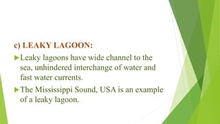 c) LEAKY LAGOON:
Leaky lagoons have wide channel to the
sea, unhindered interchange of water and
fast water currents.
The Mississippi Sound, USA is an example
of a leaky lagoon.
 