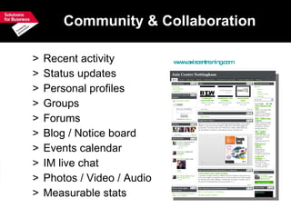 Community & Collaboration <ul><li>Recent activity </li></ul><ul><li>Status updates </li></ul><ul><li>Personal profiles </l...