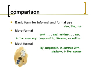comparison
   Basic form for informal and formal use
                                         also, like, too
   More formal
                      both . . . and, neither. . . nor,
    in the same way, compared to, likewise, as well as
   Most formal
                       by comparison, in common with,
                               similarly, in like manner
 