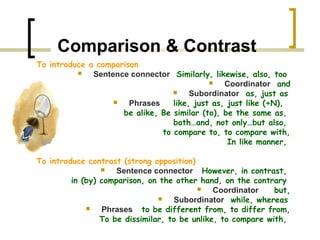 Comparison & Contrast
To introduce a comparison
             Sentence connector Similarly, likewise, also, too
                                               Coordinator and
                                      Subordinator as, just as
                      Phrases    like, just as, just like (+N),
                     be alike, Be similar (to), be the same as,
                                  both…and, not only…but also,
                               to compare to, to compare with,
                                                 In like manner,

To introduce contrast (strong opposition)
                    Sentence connector However, in contrast,
         in (by) comparison, on the other hand, on the contrary
                                              Coordinator    but,
                                   Subordinator while, whereas
                Phrases to be different from, to differ from,
                 To be dissimilar, to be unlike, to compare with,
 