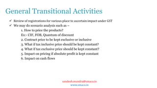 sandesh.mundra@smaca.in
www.smaca.in
 Review of registrations for various place to ascertain impact under GST
 We may do scenario analysis such as –
1. How to price the products?
Ex:- CIF, FOB, Quantum of discount
2. Contract price to be kept exclusive or inclusive
3. What if tax inclusive price should be kept constant?
4. What if tax exclusive price should be kept constant?
5. Impact on pricing if absolute profit is kept constant
6. Impact on cash flows
General Transitional Activities
 