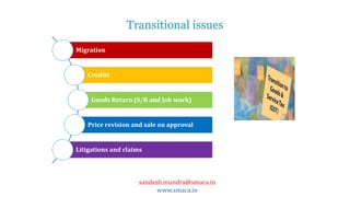 sandesh.mundra@smaca.in
www.smaca.in
Transitional issues
Migration
Credits
Goods Return (S/R and Job work)
Price revision and sale on approval
Litigations and claims
 
