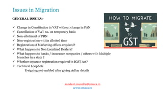 sandesh.mundra@smaca.in
www.smaca.in
GENERAL ISSUES:-
 Change in Constitution in VAT without change in PAN
 Cancellation of VAT no. on temporary basis
 Non-allotment of PRN
 Non-registration within allotted time
 Registration of Marketing offices required?
 What happens to Non Localized Dealers?
 What happens to banks / insurance companies / others with Multiple
branches in a state ?
 Whether separate registration required in IGST Act?
 Technical Loophole
E-signing not enabled after giving Adhar details
Issues in Migration
 