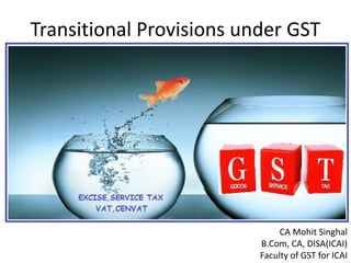 CA Mohit Singhal
B.Com, CA, DISA(ICAI)
Faculty of GST for ICAI
Transitional Provisions under GST
 