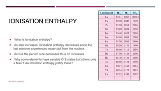 IONISATION ENTHALPY
 What is ionisation enthalpy?
 As size increases, ionisation enthalpy decreases since the
last electron experiences lesser pull from the nucleus
 Across the period, size decreases thus I.E increases
 Why some elements have variable O.S states but others only
a few? Can ionisation enthalpy justify these?
BY FREYA CARDOZO
 