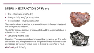 EXTRACTION OF IRON
 Ore – Haematite ore (Fe2O3)
 Gangue -SiO2 + Al2O3+ phosphates
 Concentration – Hydraulic classifier
The powdered ore is washed in a powerful current of water introduced
into the hydraulic classifier.
The lighter gangue particles are separated and the concentrated ore is
collected at the bottom.
 Converting into the oxide
Roasting : The concentrated ore is heated In a current of air. The sulfur
and arsenic impurties present in the ore get converted into their oxides
and escape as vapour. Ferrous oxide in the ore is converted to Fe2O3
4FeO + O2 -- 2 Fe2O3
STEPS IN EXTRACTION OF Fe ore
BY FREYA CARDOZO
 