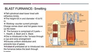 BLAST FURNANCE- Smelting
Tall cylindrical steel tower lined with
refractory bricks.
The height=25 m and diameter =5 to10
m.
 Working- counter current principle :
Charge comes down and hot gases move
up the tower.
 The furnace is comprised of 3 parts –
1. Hearth, 2. Bosh and 3. Stack
Ore is introduced in the furnace through
a cup and cone arrangement
Ensures uniform distribution and
prevents loss of gases
A blast of preheated air is introduced into
the furnance below the bosh through
BY FREYA CARDOZO
 