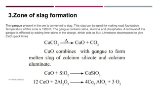 ZONE OF SLAG FORMATION
The gangue present in the ore is converted to slag. This slag can be used for making road foundation.
Temperature of this zone is 1200 K. The gangue contains silica, alumina and phosphates. A removal of this
gangue is effected by adding lime-stone in the charge, which acts as flux. Limestone decomposes to give
CaO (quick lime)
3.Zone of slag formation
BY FREYA CARDOZO
 