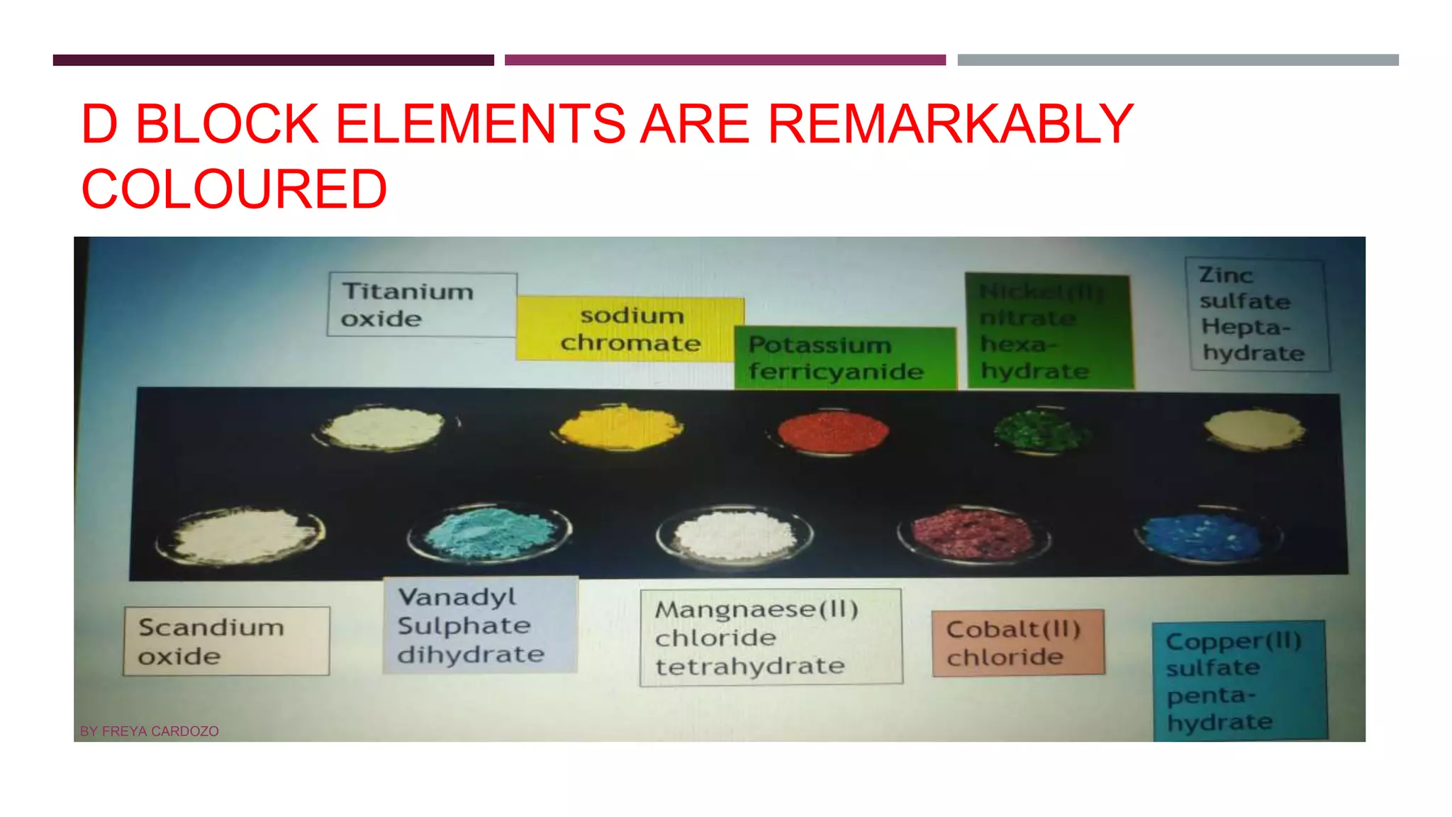 D BLOCK ELEMENTS ARE REMARKABLY
COLOURED
BY FREYA CARDOZO
 