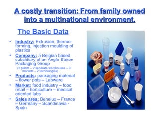A costly transition: From family owned into a multinational environment. The Basic Data Industry:  Extrusion, thermo-forming, injection moulding of plastics Company:  a Belgian based subsidiary of an Anglo-Saxon Packaging Group (2 plants – 2 separate warehouses – 3 markets – 2 technologies) Products :  packaging material – flower pots – Labware Market:  food industry – food retail – horticulture – medical oriented labs Sales area:  Benelux – France – Germany – Scandinavia - Spain 