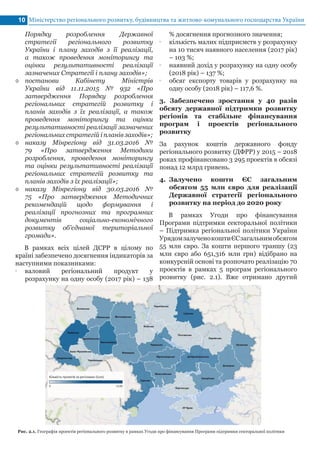 Порядку розроблення Державної
стратегії регіонального розвитку
України і плану заходів з її реалізації,
а також проведення моніторингу та
оцінки результативності реалізації
зазначених Стратегії і плану заходів»;
◊◊ постанови Кабінету Міністрів
України від 11.11.2015 № 932 «Про
затвердження Порядку розроблення
регіональних стратегій розвитку і
планів заходів з їх реалізації, а також
проведення моніторингу та оцінки
результативності реалізації зазначених
регіональних стратегій і планів заходів»;
◊◊ наказу Мінрегіону від 31.03.2016 №
79 «Про затвердження Методики
розроблення, проведення моніторингу
та оцінки результативності реалізації
регіональних стратегій розвитку та
планів заходів з їх реалізації»;
◊◊ наказу Мінрегіону від 30.03.2016 №
75 «Про затвердження Методичних
рекомендацій щодо формування і
реалізації прогнозних та програмних
документів соціально-економічного
розвитку об'єднаної територіальної
громади».
В рамках всіх цілей ДСРР в цілому по
країні забезпечено досягнення індикаторів за
наступними показниками:
•• валовий регіональний продукт у
розрахунку на одну особу (2017 рік) – 138
Міністерство регіонального розвитку, будівництва та житлово-комунального господарства України10
% досягнення прогнозного значення;
•• кількість малих підприємств у розрахунку
на 10 тисяч наявного населення (2017 рік)
– 103 %;
•• наявний дохід у розрахунку на одну особу
(2018 рік) – 137 %;
•• обсяг експорту товарів у розрахунку на
одну особу (2018 рік) – 117,6 %.
3. Забезпечено зростання у 40 разів
обсягу державної підтримки розвитку
регіонів та стабільне фінансування
програм і проектів регіонального
розвитку
За рахунок коштів державного фонду
регіонального розвитку (ДФРР) у 2015 – 2018
роках профінансовано 3 295 проектів в обсязі
понад 12 млрд гривень.
4.	 Залучено кошти ЄС загальним
обсягом 55 млн євро для реалізації
Державної стратегії регіонального
розвитку на період до 2020 року
В рамках Угоди про фінансування
Програми підтримки секторальної політики
– Підтримка регіональної політики України
УрядомзалученокоштиЄСзагальнимобсягом
55 млн євро. За кошти першого траншу (23
млн євро або 651,316 млн грн) відібрано на
конкурсній основі та розпочато реалізацію 70
проектів в рамках 5 програм регіонального
розвитку (рис. 2.1). Вже отримано другий
Рис. 2.1. Географія проектів регіонального розвитку в рамках Угоди про фінансування Програми підтримки секторальної політики
 