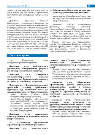 Transition book (2015-2019) 11
транш (5,5 млн євро або 172,5 млн грн) та
третій транші (9,5 млн євро) для проведення
наступного етапу конкурсного відбору у 2019
році.
Довідково: правовий механізм
фінансування регіонального розвитку за
коштиЄСунормованопостановоюКабінету
МіністрівУкраїнивід16.11.2016№827«Деякі
питанняфінансуванняпрограмтапроектів
регіонального розвитку». Засади діяльності
конкурсної комісії, її склад, вимоги до опису
інформаційних карток проектів та порядок
оцінки проектів затверджено відповідними
наказами Мінрегіону від 13.05.2017 № 109
і № 110, від 18.05.2017 № 120 і № 121 (із
внесеними змінами наказами Мінрегіону від
17.07.2019 № 162, № 163, № 164 та № 165).
5.	 Забезпечено фінансування програм
транскордонного співробітництва:
•• виділенокоштиДержбюджету(10млнгрн)
на Державну програму транскордонного
співробітництва;
Довідково: Урядом затверджено
Державну програму розвитку
транскордонного співробітництва на 2016-
2020 роки (постанова Кабінету Міністрів
України від 23.08.2016 № 554), якою
передбачено реалізацію 25 проектів та 55
заходів транскордонного співробітництва.
Україну долучено до європейських
коштів. Європейською Комісією прийнято
рішення про виділення Україні 5 млн євро
для фінансування участі у Дунайській
транснаціональній програмі.
2.1. Підвищення рівня
конкурентоспроможності регіонів
Завдання 2.1.1. Забезпечення
ефективного використання ресурсів
для цілей регіонального розвитку.
Завдання 2.1.2. Створення
конкурентоспроможної місцевої
економіки, що базується на інноваціях
та здатна до постійного зростання.
Завдання 2.1.3. Впровадження нових
принципів розвитку проблемних
територій: від соціальних пільг до
інвестиційтарозвиткупідприємництва.
•• Проект Закону України «Про
стимулювання розвитку регіонів»;
•• Проект Закону України «Про внесення
зміндорозділуXX«Перехідніположення»
Податкового кодексу України щодо
стимулювання інвестиційної діяльності
та створення нових робочих місць на
проблемних територіях».
Завдання 2.1.4. Активізація
транскордонного та міжрегіонального
співробітництва.
2.2. Підвищення ефективності
управління регіональним розвитком
Завдання 2.2.1. Удосконалення
системи стратегічного планування
регіонального розвитку на
загальнодержавному та регіональному
рівні:
•• Проект Закону України «Про внесення
змін до статті 241 Бюджетного кодексу
України (щодо підвищення ефективності
використання коштів державного фонду
регіонального розвитку)».
Завдання 2.2.2. Підвищення
ефективності роботи Міжвідомчої
координаційної комісії з питань
регіонального розвитку щодо
координації процесів планування та
реалізації державної регіональної
політики.
Завдання 2.2.3. Удосконалення
правових засад створення та
функціонування агенцій регіонального
розвиткутапідвищенняїхспроможності
до виконання покладених функцій.
•• Проект Закону України «Про внесення
змін до Закону України «Про засади
державної регіональної політики»
Подальші кроки
 