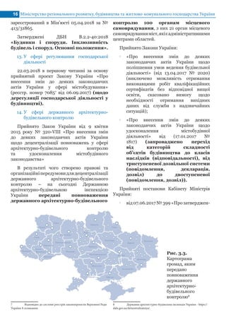 Міністерство регіонального розвитку, будівництва та житлово-комунального господарства України16
зареєстрований в Мін’юсті 05.04.2018 за №
413/31865.
Затверджені ДБН В.2.2-40:2018
«Будинки і споруди. Інклюзивність
будівель і споруд. Основні положення».
13.	У сфері регулювання господарської
діяльності
22.03.2018 в першому читанні за основу
прийнятий проект Закону України «Про
внесення змін до деяких законодавчих
актів України у сфері містобудування»
(реєстр. номер 70857
від 06.09.2017) (щодо
дерегуляції господарської діяльності у
будівництві).
14.	У сфері державного архітектурно-
будівельного контролю
Прийнято Закон України від 9 квітня
2015 року № 320-VIII «Про внесення змін
до деяких законодавчих актів України
щодо децентралізації повноважень у сфері
архітектурно-будівельного контролю
та удосконалення містобудівного
законодавства»
В результаті чого створено правові та
організаційніпередумовидлядецентралізації
державного архітектурно-будівельного
контролю – на сьогодні Державною
архітектурно-будівельною інспекцією
України передані повноваження
державного архітектурно-будівельного
7	 Відповідно до системи реєстрів законопроектів Верховної Ради
України 8 скликання.
контролю 100 органам місцевого
самоврядування, з них 21 орган місцевого
самоврядуванняміст,якієадміністративними
центрами областей.
Прийнято Закони України:
•• «Про внесення змін до деяких
законодавчих актів України щодо
поліпшення умов ведення будівельної
діяльності» (від 13.04.2017 № 2020)
(виключено можливість отримання
виконавцями робіт кваліфікаційних
сертифікатів без відповідної вищої
освіти, скасовано вимогу щодо
необхідності отримання вихідних
даних від служби з надзвичайних
ситуацій);
•• «Про внесення змін до деяких
законодавчих актів України щодо
удосконалення містобудівної
діяльності» від (17.01.2017 №
1817) (запроваджено перехід
від категорій складності
об’єктів будівництва до класів
наслідків (відповідальності), від
триступеневої дозвільної системи
(повідомлення, декларація,
дозвіл) до двоступеневої
(повідомлення, дозвіл)).
Прийняті постанови Кабінету Міністрів
України:
•• від 07.06.2017 № 399 «Про затверджен-
Рис. 3.3.
Картограма
громад, яким
передано
повноваження
державного
архітектурно-
будівельного
контролю8
8	 Державна архітектурно-будівельна інспекція України - https://
dabi.gov.ua/detsentralizatsiya/.
 