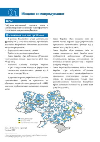 01 Місцеве самоврядування
Побудова ефективної системи влади з
метою створення безпечного та комфортного
середовища для розвитку Людини.
•• Закон України «Про внесення змін до
деяких законів України щодо добровільного
приєднання територіальних громад» від 9
лютого 2017 року №1851-VIII;
•• Закон України «Про внесення змін до
деяких законодавчих актів України щодо
особливостей добровільного об’єднання
територіальних громад, розташованих на
територіях суміжних районів» від 14 березня
2017 року №1923-VIII;
•• Закон України «Про внесення змін до Закону
України «Про добровільне об’єднання
територіальних громад» щодо добровільного
приєднання територіальних громад сіл,
селищ до територіальних громад міст
республіканського Автономної Республіки
Крим, обласного значення»від 3 квітня 2018
року № 2379-VIII;
В рамках Коаліційної угоди депутатських
фракцій у 2014 – 2017 роках та інших стратегічних
документів Мінрегіоном забезпечено досягнення
наступних результатів:
1.	 формування самодостатніх громад
Прийнято нормативно-правові акти:
•• Закон України «Про добровільне об’єднання
територіальних громад» від 5 лютого 2015 року
№ 157-VIII;
•• постанова Кабінету Міністрів України
«Про затвердження Методики формування
спроможних територіальних громад» від 8
квітня 2015 року № 214.
Відбувається процес добровільного об’єднання
територіальних громад та приєднання до
об’єднаних територіальних громад (далі – ОТГ)
внаслідок прийняття таких нормативно-правових
актів:
Мал.1.1. Покриття території
України ОТГ1
1 Геопортал адміністративно-територіального устрою України станом на
липень 2019 року (http://atu.gki.com.ua/ua/karta)	
Ціль:
Досягнення: що вже зроблено.
 