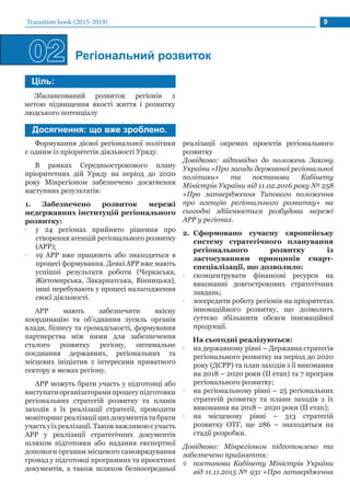 Transition book (2015-2019) 9
02 Регіональний розвиток
Збалансований розвиток регіонів з
метою підвищення якості життя і розвитку
людського потенціалу
Формування дієвої регіональної політики
є одним із пріоритетів діяльності Уряду.
В рамках Середньострокового плану
пріоритетних дій Уряду на період до 2020
року Мінрегіоном забезпечено досягнення
наступних результатів:
1. Забезпечено розвиток мережі
недержавних інституцій регіонального
розвитку:
•• у 24 регіонах прийнято рішення про
створення агенцій регіонального розвитку
(АРР);
•• 19 АРР вже працюють або знаходяться в
процесі формування. Деякі АРР вже мають
успішні результати роботи (Черкаська,
Житомирська, Закарпатська, Вінницька),
інші перебувають у процесі налагодження
своєї діяльності.
АРР мають забезпечити якісну
координацію та об’єднання зусиль органів
влади, бізнесу та громадськості, формування
партнерства між ними для забезпечення
сталого розвитку регіону, оптимальне
поєднання державних, регіональних та
місцевих ініціатив з інтересами приватного
сектору в межах регіону.
АРР можуть брати участь у підготовці або
виступатиорганізаторамипроцесупідготовки
регіональних стратегій розвитку та планів
заходів з їх реалізації стратегії, проводити
моніторингреалізаціїцихдокументівтабрати
участьуїхреалізації.Такожважливоюєучасть
АРР у реалізації стратегічних документів
шляхом підготовки або надання експертної
допомоги органам місцевого самоврядування
громад у підготовці програмних та проектних
документів, а також шляхом безпосередньої
реалізації окремих проектів регіонального
розвитку
Довідково: відповідно до положень Закону
України «Про засади державної регіональної
політики» та постанови Кабінету
Міністрів України від 11.02.2016 року № 258
«Про затвердження Типового положення
про агенцію регіонального розвитку» на
сьогодні здійснюється розбудова мережі
АРР у регіонах.
2.	 Сформовано сучасну європейську
систему стратегічного планування
регіонального розвитку із
застосуванням принципів смарт-
спеціалізації, що дозволило:
•• сконцентрувати фінансові ресурси на
виконанні довгострокових стратегічних
завдань;
•• зосередити роботу регіонів на пріоритетах
інноваційного розвитку, що дозволить
суттєво збільшити обсяги інноваційної
продукції.
На сьогодні реалізуються:
•• на державному рівні – Державна стратегія
регіонального розвитку на період до 2020
року (ДСРР) та план заходів з її виконання
на 2018 – 2020 роки (ІІ етап) та 7 програм
регіонального розвитку;
•• на регіональному рівні – 25 регіональних
стратегій розвитку та плани заходів з їх
виконання на 2018 – 2020 роки (ІІ етап);
•• на місцевому рівні – 313 стратегій
розвитку ОТГ, ще 286 – знаходяться на
стадії розробки.
Довідково: Мінрегіоном підготовлено та
забезпечено прийняття:
◊◊ постанови Кабінету Міністрів України
від 11.11.2015 № 931 «Про затвердження
Ціль:
Досягнення: що вже зроблено.
 