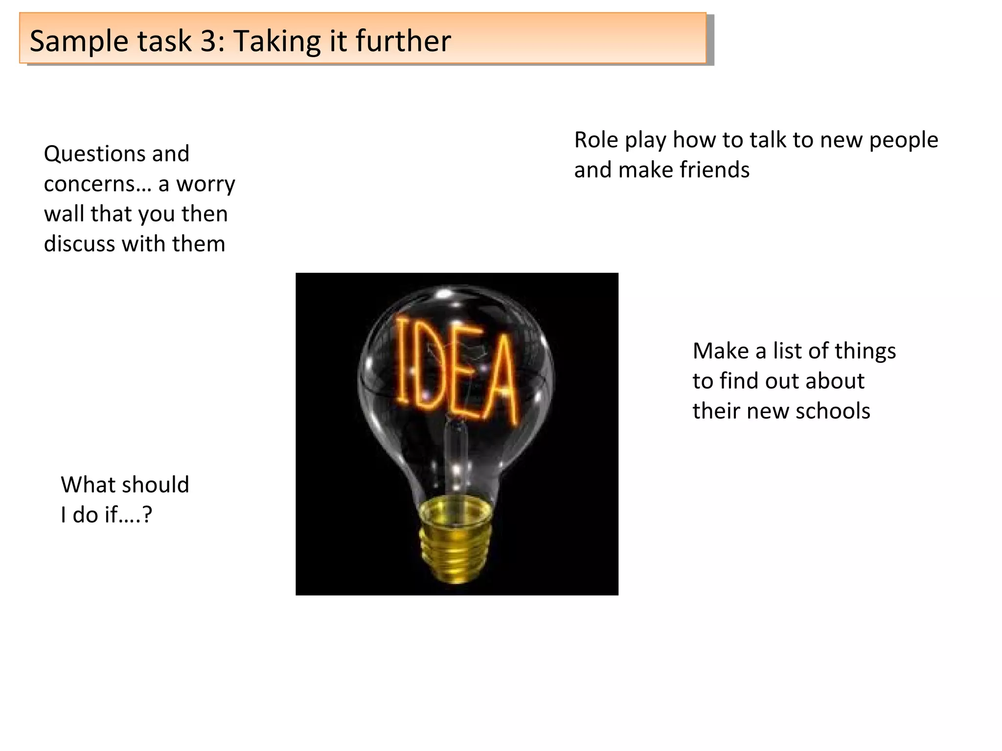 Sample task 3: Taking it furtherSample task 3: Taking it further
Questions and
concerns… a worry
wall that you then
discuss with them
Role play how to talk to new people
and make friends
Make a list of things
to find out about
their new schools
What should
I do if….?
 