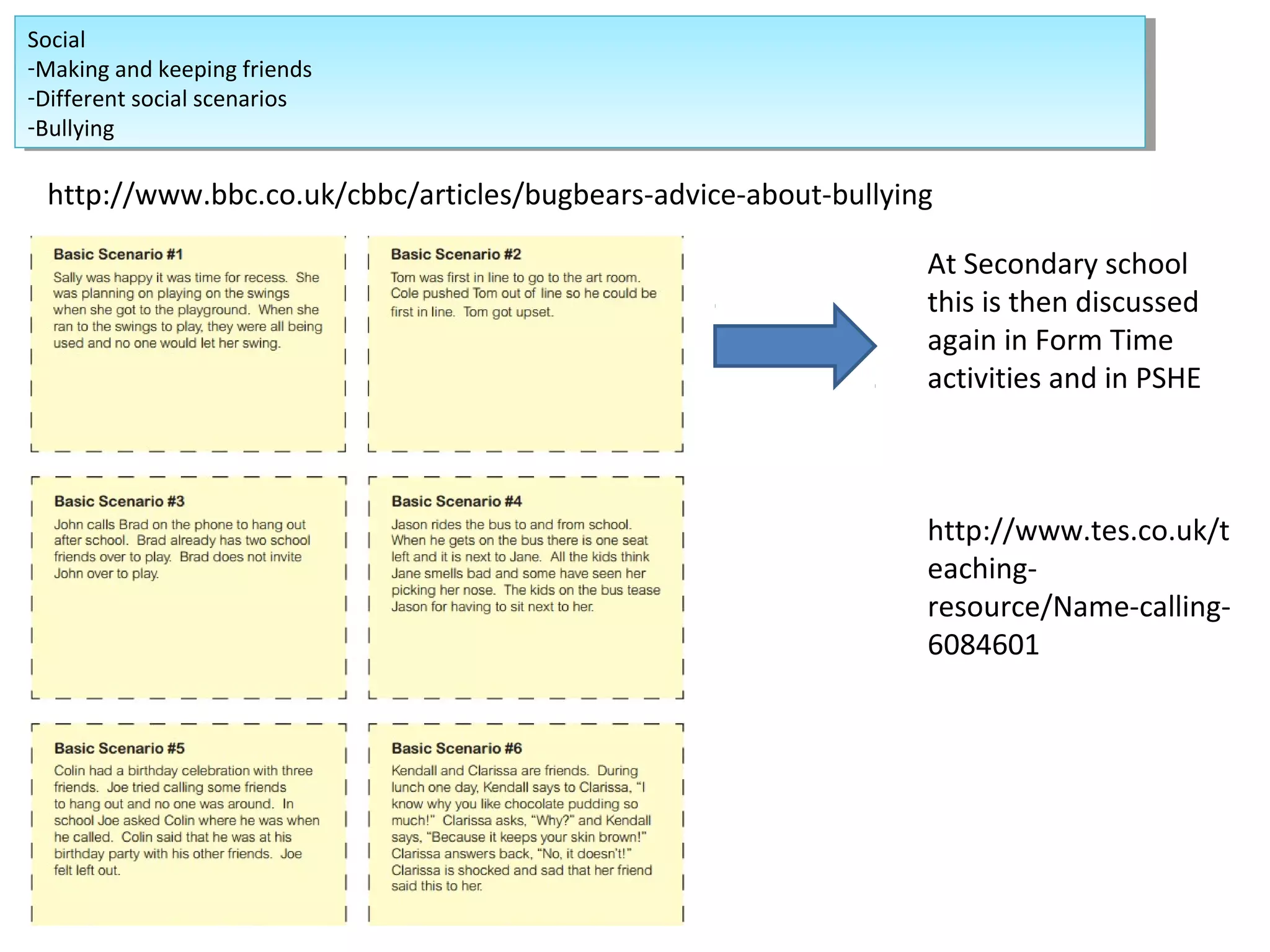 Social
-Making and keeping friends
-Different social scenarios
-Bullying
Social
-Making and keeping friends
-Different social scenarios
-Bullying
At Secondary school
this is then discussed
again in Form Time
activities and in PSHE
http://www.tes.co.uk/t
eaching-
resource/Name-calling-
6084601
http://www.bbc.co.uk/cbbc/articles/bugbears-advice-about-bullying
 