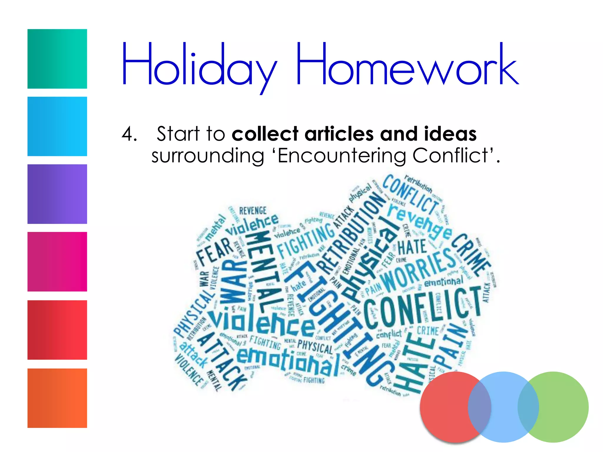 Holiday Homework
4. Start to collect articles and ideas
surrounding ‘Encountering Conflict’.
 