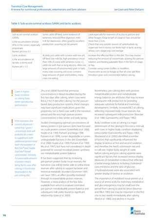 16
Transition Cow Management: 	
A review for nutritional professionals, veterinarians and farm advisers	 Ian Lean and Peter DeGaris
Zhu et al. (2000) found that ammonia
concentrations in blood doubled during the
first two days after calving, when cows were
fed a 21% CP diet after calving. For the pasture-
based dairy production systems, these changes
may have significant implications given the
propensity not to feed cows well in the transition
period and the very high pasture protein
concentrations in late winter and early spring.
Studies investigating optimal concentrations of
dietary protein in pre-partum diets have focused
on crude protein content (Greenfield et al. 2000;
Huyler et al. 1999; Putnam and Varga 1998;
Putnam et al. 1999), rumen degradable or rumen
undegradable fractions in the diet (Greenfield
et al. 2000; Huyler et al. 1999; Putnam et al. 1999;
Wu et al. 1997), but have not considered in depth
potential for ruminal microbial protein synthesis
nor metabolisable protein balance.
It has been suggested that by increasing
pre-partum protein body tissue reserves, the
transition cow will be better able to utilise these
reserves after calving to support lactation and
minimise metabolic disorders (Grummer 1995;
van Saun 1991), an effect possibly mediated
through increased labile protein reserves.
However, a meta-analysis of the few data
available from which to evaluate estimated
pre-partum metabolisable protein balance and
subsequent milk yields found no significant
relationship (Lean et al. 2003).
Nonetheless, pre-calving diets with positive
metabolisable protein and metabolisable
energy balances are attributes that may increase
subsequent milk production by providing
adequate substrate for foetal and mammary
development. Similarly, increased BCS at calving,
reflecting improved body tissue reserves, has
increased subsequent milk production (Boisclair
et al. 1986; Gainsworthy and Topps 1982).
Body condition score at calving is a major
determinant of the calving to first estrus interval,
with cows in higher body condition displaying
estrus earlier (Garnsworthy and Topps 1982).
Westwood et al. (2002) identified a number
of factors that significantly influenced the
display of oestrus at first and second ovulation,
and therefore the herd’s submission rate and
in-calf rate. Higher body weight of cattle
before calving and post calving appetite were
significant factors that increased oestrus display.
Measures of metabolites in blood that reflected
a better energy balance, including cholesterol
concentrations and the ratio of glucose:
3-hydroxybutyrate were also associated with
greater display of oestrus at ovulation.
The importance of mobilised tissue protein as a
source of amino acids for mammary metabolism
and gluconeogenesis may be small over the
period from calving to peak lactation (Bauman
and Elliot 1983) but may be important in the first
one to two weeks immediately after calving
(Reid et al. 1980), and decline in muscle
!	 Cows in higher
body condition
at calving have
better reproductive
performance.
Condition Clinical signs Control measures
Sub-acute ruminal acidosis
(SARA):
Is the accumulation of total
VFAs in the rumen, especially
propionate.
Rumen pH: 6 to 5.5
Some cattle off feed, some evidence of
lameness, reduced fibre digestion, mild
milk fat depression, often good to excellent
production, scouring can be present
Look especially for evenness of access to pasture and
other forages. Chop length of silage or hays should be
more than 2.5cm.
Check that very soluble sources of carbohydrate eg
sugars are not in excess, nor feeds high in lactic acid eg
wheys, corn silages esp corn earlage
Lactic acidosis:
Is the accumulation of
lactate, a strong acid.
Rumen pH < 5.5
Acutely sick cattle with rumens with low pH,
off feed, low milk fat, high prevalence (more
than 10% of cows) with lameness score >2,
cattle die with liver or lung abscess, often see
large amounts of unconsumed grain in bails,
many cows scouring and scour contains
large amounts of grain and bubbles, many
cows not eating.
Increase the effective fibre in the diet. This may involve
reducing the amount of concentrate, slowing the pasture
rotation, and feeding palatable fibre in the form of silage
or hay.
Consider using rumen buffers or modifiers.
Ensure even access to forage so that all cows get fibre.
Introduce grain and concentrates before calving.
Table 3: Sub-acute ruminal acidosis (SARA) and lactic acidosis.
!	 If the transition diet
consists of pasture /
cereal hay / grain /
concentrate there will
probably be a need
to supplement with
additional protein meal
(with the exception of
BioChlor® and maybe
SoyChlor®-based
concentrate). Similarly,
if a reasonable amount
of protein meal is
being fed to cows after
calving, it should also
be provided in the
pre-calving diet.
 