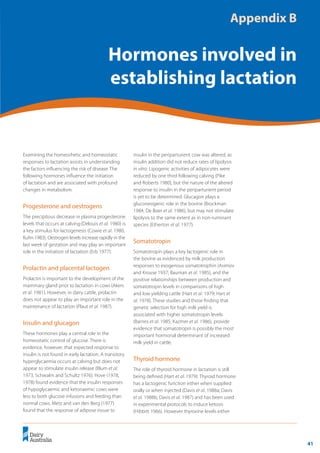 41
	 Transition Cow Management:
Ian Lean and Peter DeGaris 	 A review for nutritional professionals, veterinarians and farm advisers
Examining the homeorhetic and homeostatic
responses to lactation assists in understanding
the factors influencing the risk of disease. The
following hormones influence the initiation
of lactation and are associated with profound
changes in metabolism.
Progesterone and oestrogens
The precipitous decrease in plasma progesterone
levels that occurs at calving(Delouis et al. 1980) is
a key stimulus for lactogenesis (Cowie et al. 1980,
Kuhn 1983). Oestrogen levels increase rapidly in the
last week of gestation and may play an important
role in the initiation of lactation (Erb 1977).
Prolactin and placental lactogen
Prolactin is important to the development of the
mammary gland prior to lactation in cows(Akers
et al. 1981). However, in dairy cattle, prolactin
does not appear to play an important role in the
maintenance of lactation (Plaut et al. 1987).
Insulin and glucagon
These hormones play a central role in the
homeostatic control of glucose. There is
evidence, however, that expected response to
insulin is not found in early lactation. A transitory
hyperglycaemia occurs at calving but does not
appear to stimulate insulin release (Blum et al.
1973, Schwalm and Schultz 1976). Hove (1978,
1978) found evidence that the insulin responses
of hypoglycaemic and ketonaemic cows were
less to both glucose infusions and feeding than
normal cows. Metz and van den Berg (1977)
found that the response of adipose tissue to
insulin in the periparturient cow was altered, as
insulin addition did not reduce rates of lipolysis
in vitro. Lipogenic activities of adipocytes were
reduced by one third following calving (Pike
and Roberts 1980), but the nature of the altered
response to insulin in the periparturient period
is yet to be determined. Glucagon plays a
gluconeogenic role in the bovine (Brockman
1984, De Boer et al. 1986), but may not stimulate
lipolysis to the same extent as in non-ruminant
species (Etherton et al. 1977).
Somatotropin
Somatotropin plays a key lactogenic role in
the bovine as evidenced by milk production
responses to exogenous somatotrophin (Asimov
and Krouse 1937; Bauman et al. 1985), and the
positive relationships between production and
somatotropin levels in comparisons of high
and low yielding cattle (Hart et al. 1979; Hart et
al. 1978). These studies and those finding that
genetic selection for high milk yield is
associated with higher somatotropin levels
(Barnes et al. 1985; Kazmer et al. 1986), provide
evidence that somatotropin is possibly the most
important hormonal determinant of increased
milk yield in cattle.
Thyroid hormone
The role of thyroid hormone in lactation is still
being defined (Hart et al. 1979). Thyroid hormone
has a lactogenic function either when supplied
orally or when injected (Davis et al. 1988a; Davis
et al. 1988b; Davis et al. 1987) and has been used
in experimental protocols to induce ketosis
(Hibbitt 1966). However thyroxine levels either
Appendix B
Hormones involved in
establishing lactation
 