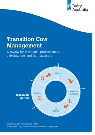 Transition Cow
Management
A review for nutritional professionals,
veterinarians and farm advisers
Dry
period
Mid-late
lactation
Calving
Mating
Transition
period
By Ian Lean and Peter DeGaris | 2010
Produced by Dairy Australia’s Grains2Milk and InCalf programs
 