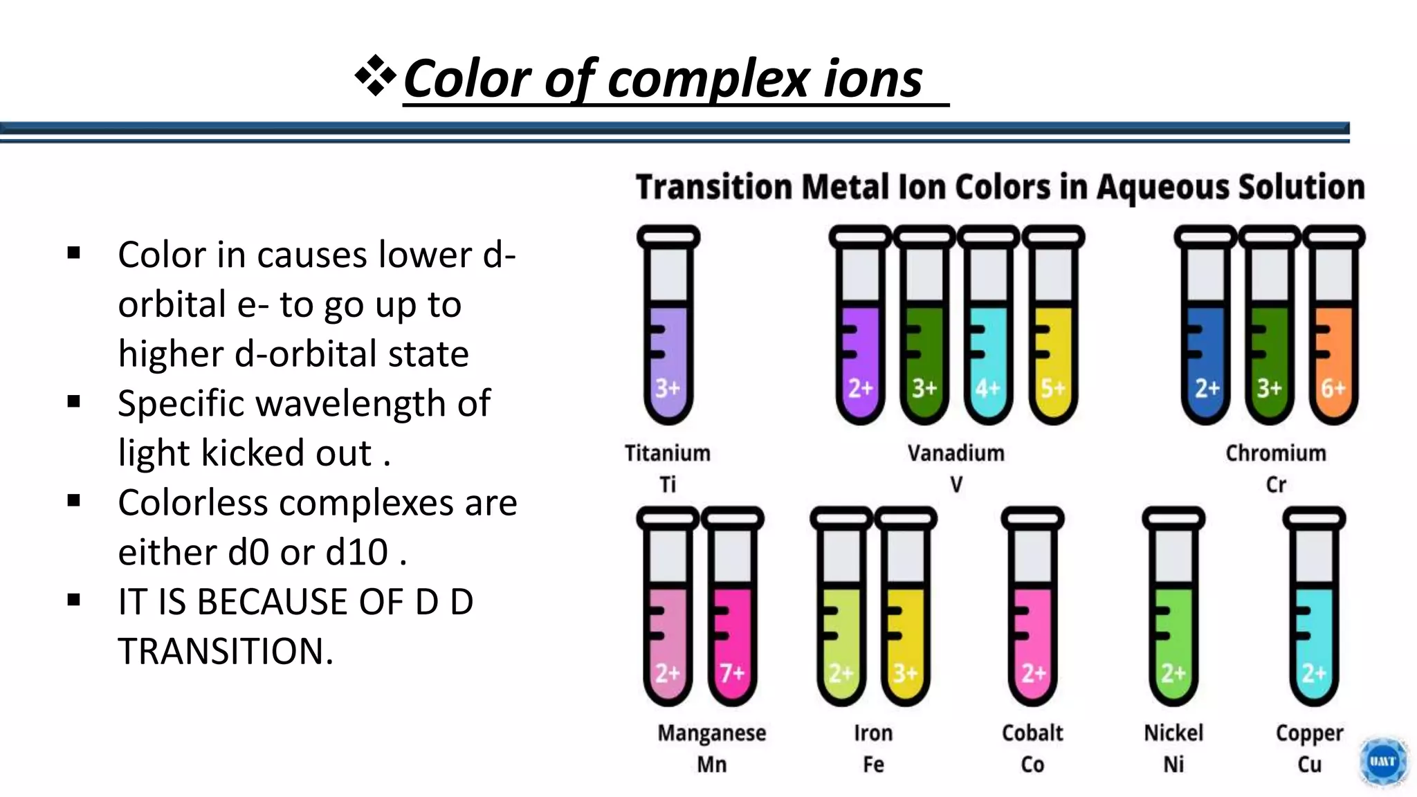 14
Color of complex ions
 Color in causes lower d-
orbital e- to go up to
higher d-orbital state
 Specific wavelength of
light kicked out .
 Colorless complexes are
either d0 or d10 .
 IT IS BECAUSE OF D D
TRANSITION.
 