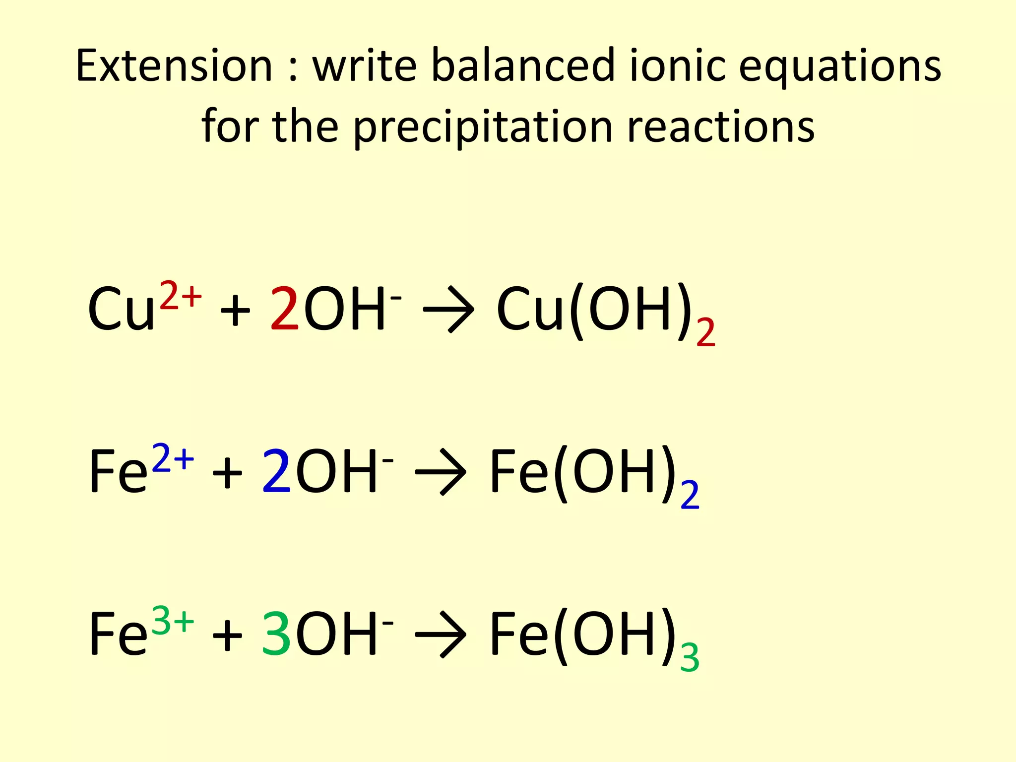 Extension : write balanced ionic equations
      for the precipitation reactions


Cu2+   +   2OH-   → Cu(OH)2

Fe2+   +   2OH-   → Fe(OH)2

Fe3+ + 3OH- → Fe(OH)3
 