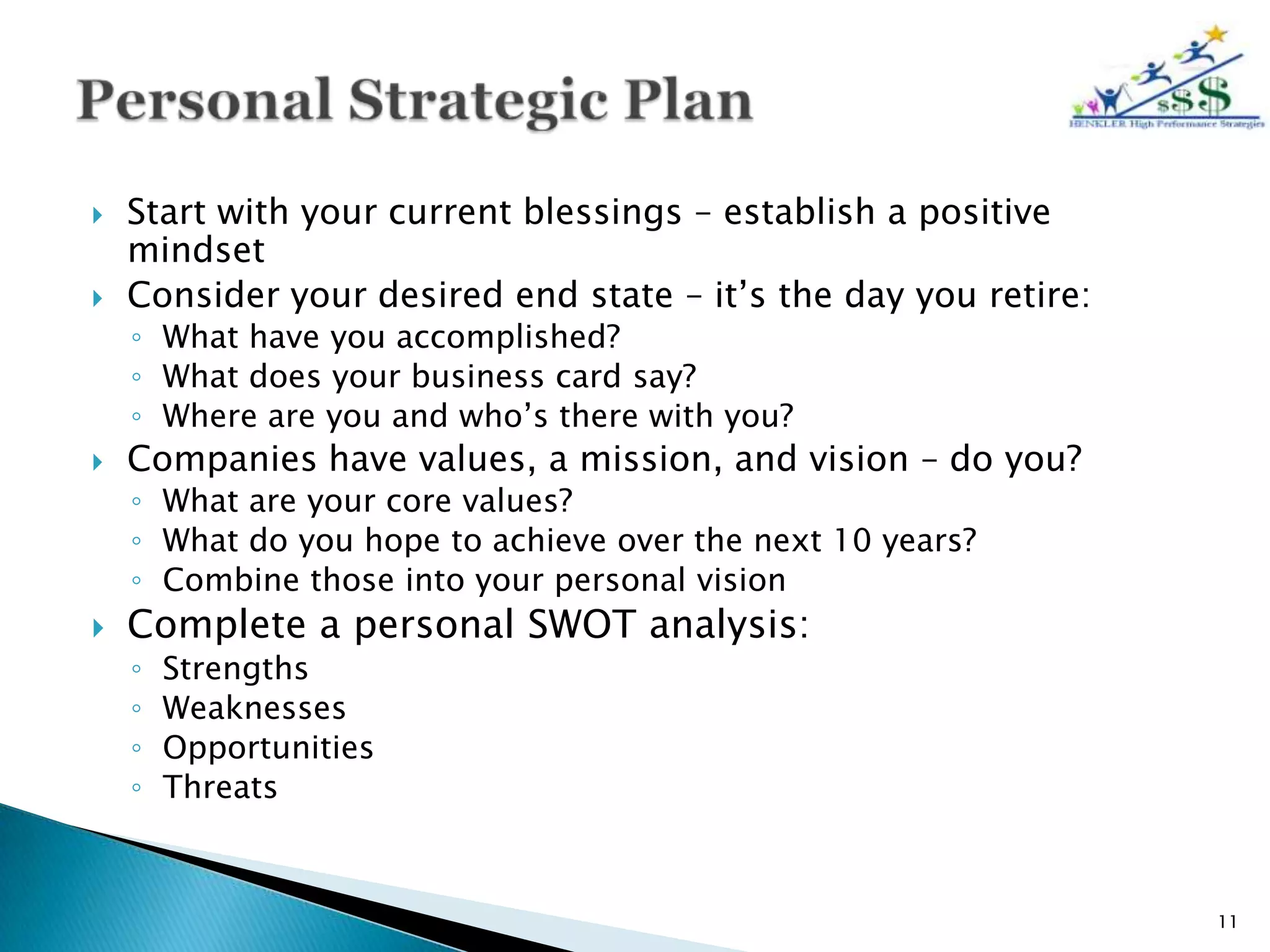    Start with your current blessings – establish a positive
    mindset
   Consider your desired end state – it’s the day you retire:
    ◦ What have you accomplished?
    ◦ What does your business card say?
    ◦ Where are you and who’s there with you?
   Companies have values, a mission, and vision – do you?
    ◦ What are your core values?
    ◦ What do you hope to achieve over the next 10 years?
    ◦ Combine those into your personal vision
   Complete a personal SWOT analysis:
    ◦   Strengths
    ◦   Weaknesses
    ◦   Opportunities
    ◦   Threats



                                                                 11
 