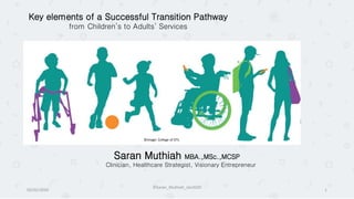 Key elements of a Successful Transition Pathway
from Children’s to Adults’ Services
Saran Muthiah MBA.,MSc.,MCSP
Clinician, Healthcare Strategist, Visionary Entrepreneur
02/02/2020
©Saran_Muthiah_Jan2020
1
©image: College of OTs
 