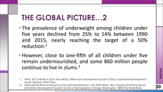• The prevalence of underweight among children under
five years declined from 25% to 14% between 1990
and 2015, nearly reaching the target of a 50%
reduction.1
• However, close to one-fifth of all children under five
remain undernourished, and some 860 million people
continue to live in slums.2
20
THE GLOBAL PICTURE…2
02.02.2018
1. WHO, 2015. Health in 2015: from MDGs, Millennium Development Goals to SDGs, Sustainable Development
Goals. Geneva: WHO Press.
2. International Bank for Reconstruction and Development / The World Bank, 2016. Global Monitoring Report
2015/2016: Development Goals in an Era of Demographic Change. Washington: IBRD/The World Bank
 