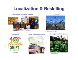 Localization & Reskilling
                                                                       Permaculture
Seed: saving / exchanging / libraries




                        California                            Oklahoma City, OK

                                                                  Gleaning to feed families in need
Local Food                   Local / Alternative Currencies




 Colorado
                                                                    Sarasota, FL
 
