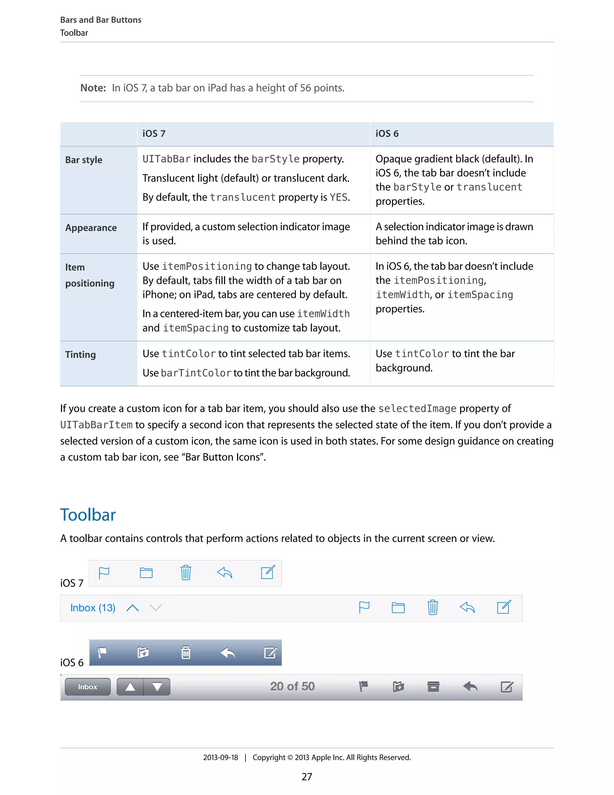 Note: In iOS 7, a tab bar on iPad has a height of 56 points.
iOS 6iOS 7
Opaque gradient black (default). In
iOS 6, the tab bar doesn’t include
the barStyle or translucent
properties.
UITabBar includes the barStyle property.
Translucent light (default) or translucent dark.
By default, the translucent property is YES.
Bar style
A selection indicator image is drawn
behind the tab icon.
If provided, a custom selection indicator image
is used.
Appearance
In iOS 6, the tab bar doesn’t include
the itemPositioning,
itemWidth, or itemSpacing
properties.
Use itemPositioning to change tab layout.
By default, tabs fill the width of a tab bar on
iPhone; on iPad, tabs are centered by default.
In a centered-item bar, you can use itemWidth
and itemSpacing to customize tab layout.
Item
positioning
Use tintColor to tint the bar
background.
Use tintColor to tint selected tab bar items.
Use barTintColor to tint the bar background.
Tinting
If you create a custom icon for a tab bar item, you should also use the selectedImage property of
UITabBarItem to specify a second icon that represents the selected state of the item. If you don’t provide a
selected version of a custom icon, the same icon is used in both states. For some design guidance on creating
a custom tab bar icon, see “Bar Button Icons”.
Toolbar
A toolbar contains controls that perform actions related to objects in the current screen or view.
iOS 7
iOS 6
Bars and Bar Buttons
Toolbar
2013-09-18 | Copyright © 2013 Apple Inc. All Rights Reserved.
27
 