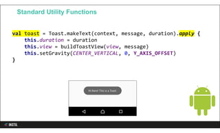 val toast = Toast.makeText(context, message, duration).apply {
this.duration = duration
this.view = buildToastView(view, message)
this.setGravity(CENTER_VERTICAL, 0, Y_AXIS_OFFSET)
}
Standard Utility Functions
 