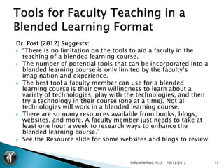 Dr. Post (2012) Suggests:
   “There is no limitation on the tools to aid a faculty in the
    teaching of a blended learning course.
   The number of potential tools that can be incorporated into a
    blended learning course is only limited by the faculty’s
    imagination and experience.
   The best tool a faculty member can use for a blended
    learning course is their own willingness to learn about a
    variety of technologies, play with the technologies, and then
    try a technology in their course (one at a time). Not all
    technologies will work in a blended learning course.
   There are so many resources available from books, blogs,
    websites, and more. A faculty member just needs to take at
    least one hour a week to research ways to enhance the
    blended learning course.”
   See the Resource slide for some websites and blogs to review.


                                       ©Michelle Post, Ph.D.   10/12/2012   19
 