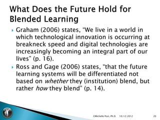    Graham (2006) states, “We live in a world in
    which technological innovation is occurring at
    breakneck speed and digital technologies are
    increasingly becoming an integral part of our
    lives” (p. 16).
   Ross and Gage (2006) states, “that the future
    learning systems will be differentiated not
    based on whether they (institution) blend, but
    rather how they blend” (p. 14).



                              ©Michelle Post, Ph.D.   10/12/2012   20
 