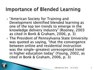    “American Society for Training and
    Development identified blended learning as
    one of the top ten trends to emerge in the
    knowledge delivery industry” (Rooney, 2003
    as cited in Bonk & Graham, 2006, p. 3)
   The President of Pennsylvania State University
    was quoted as saying, “that the convergence
    between online and residential instruction
    was the single-greatest unrecognized trend
    in higher education today” (Young, 2002, as
    cited in Bonk & Graham, 2006, p. 3)

                              ©Michelle Post, Ph.D.   10/12/2012   7
 
