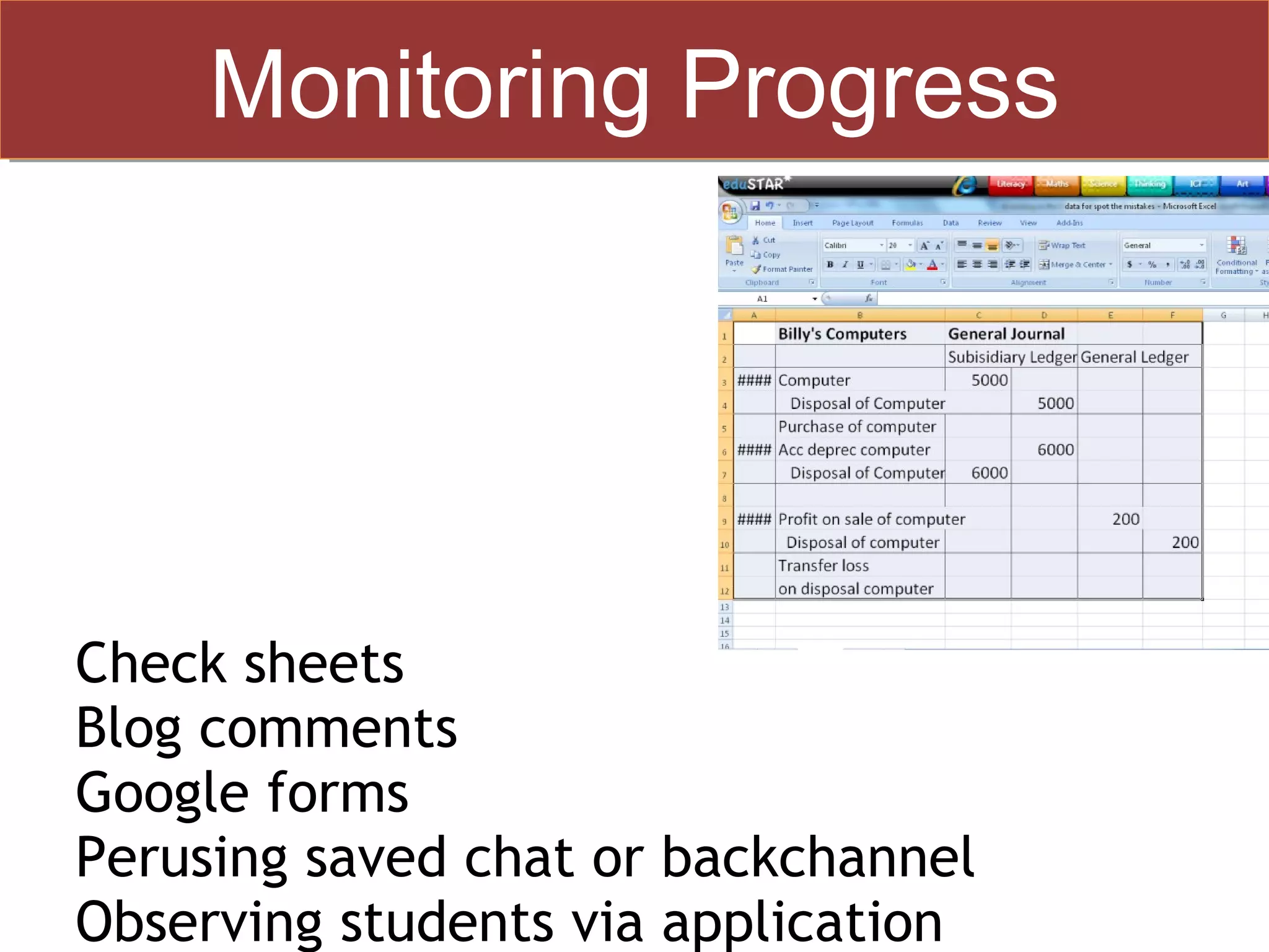 Monitoring Progress
      Monitoring Progress




• Check sheets
• Blog comments
• Google forms
• Perusing saved chat or backchannel
• Observing students via application
 