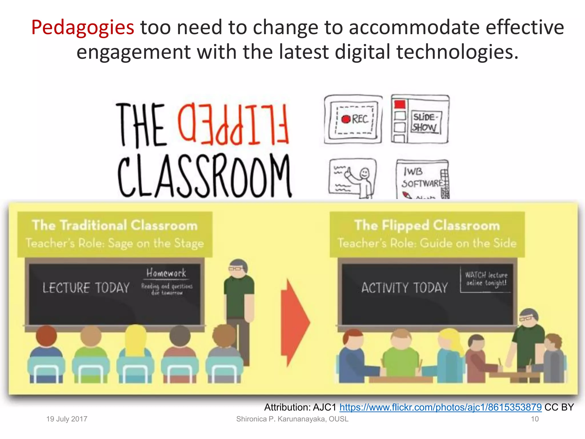 19 July 2017 Shironica P. Karunanayaka, OUSL 10
Pedagogies too need to change to accommodate effective
engagement with the latest digital technologies.
Attribution: AJC1 https://www.flickr.com/photos/ajc1/8615353879 CC BY
 