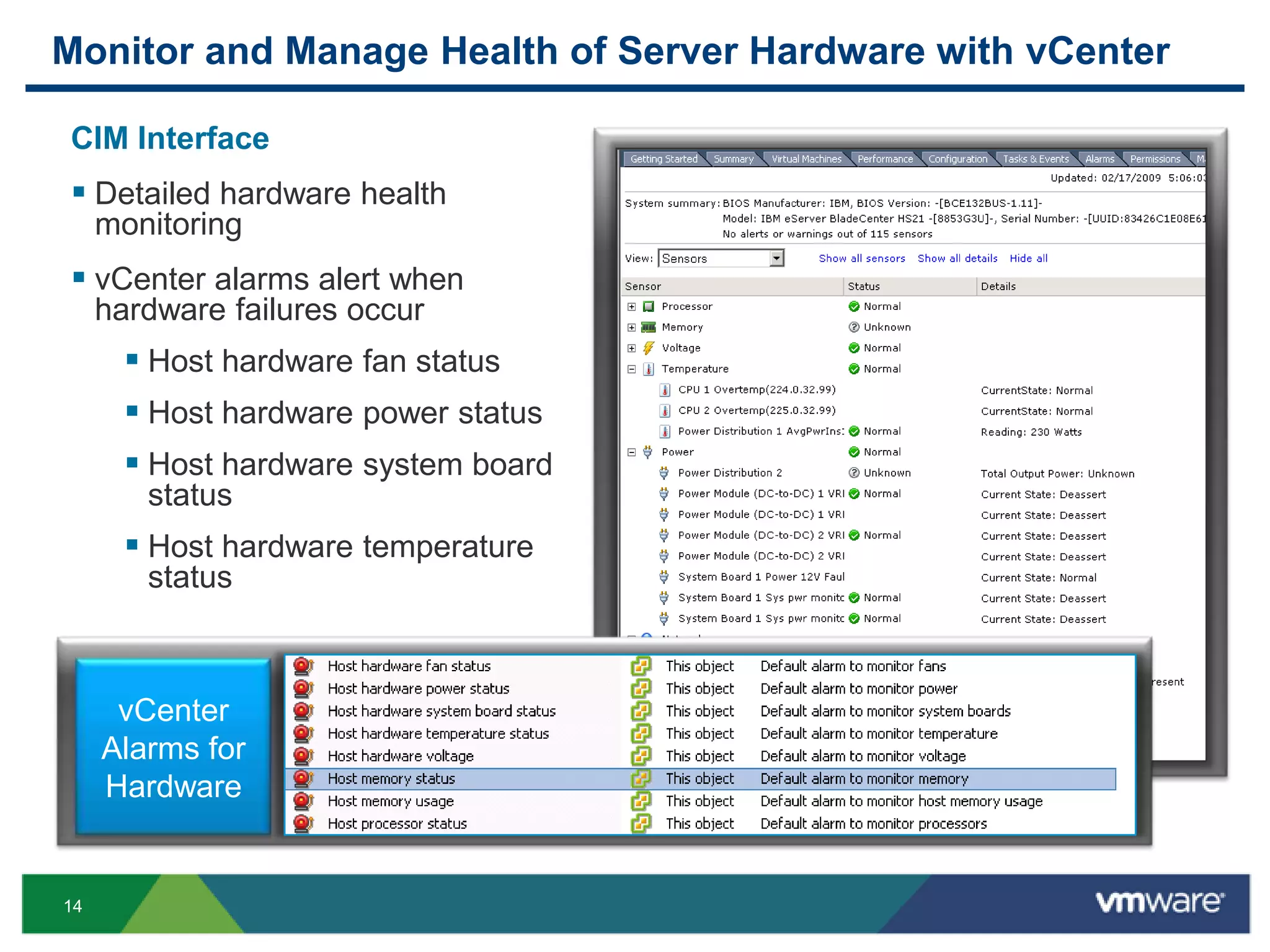Monitor and Manage Health of Server Hardware with vCenter

CIM Interface
 Detailed hardware health
     monitoring
 vCenter alarms alert when
     hardware failures occur
        Host hardware fan status
        Host hardware power status
        Host hardware system board
        status                        4256413507
        Host hardware temperature
        status



      vCenter
     Alarms for
     Hardware


14
 