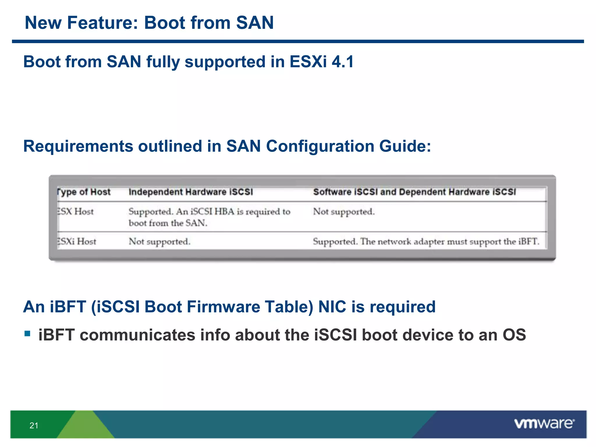 New Feature: Boot from SAN

Boot from SAN fully supported in ESXi 4.1




Requirements outlined in SAN Configuration Guide:




An iBFT (iSCSI Boot Firmware Table) NIC is required
 iBFT communicates info about the iSCSI boot device to an OS



21
 