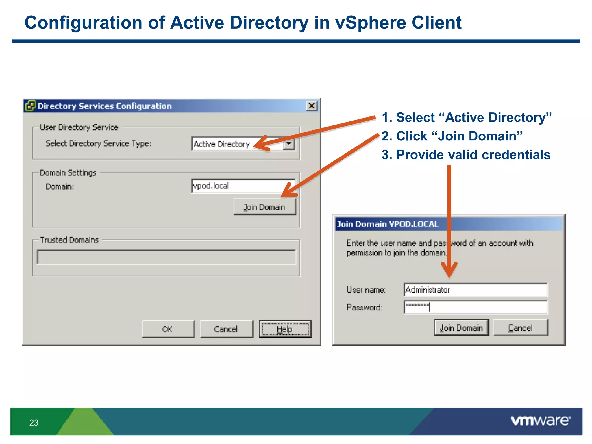 Configuration of Active Directory in vSphere Client




                                         1. Select ―Active Directory‖
                                         2. Click ―Join Domain‖
                                         3. Provide valid credentials




23
 