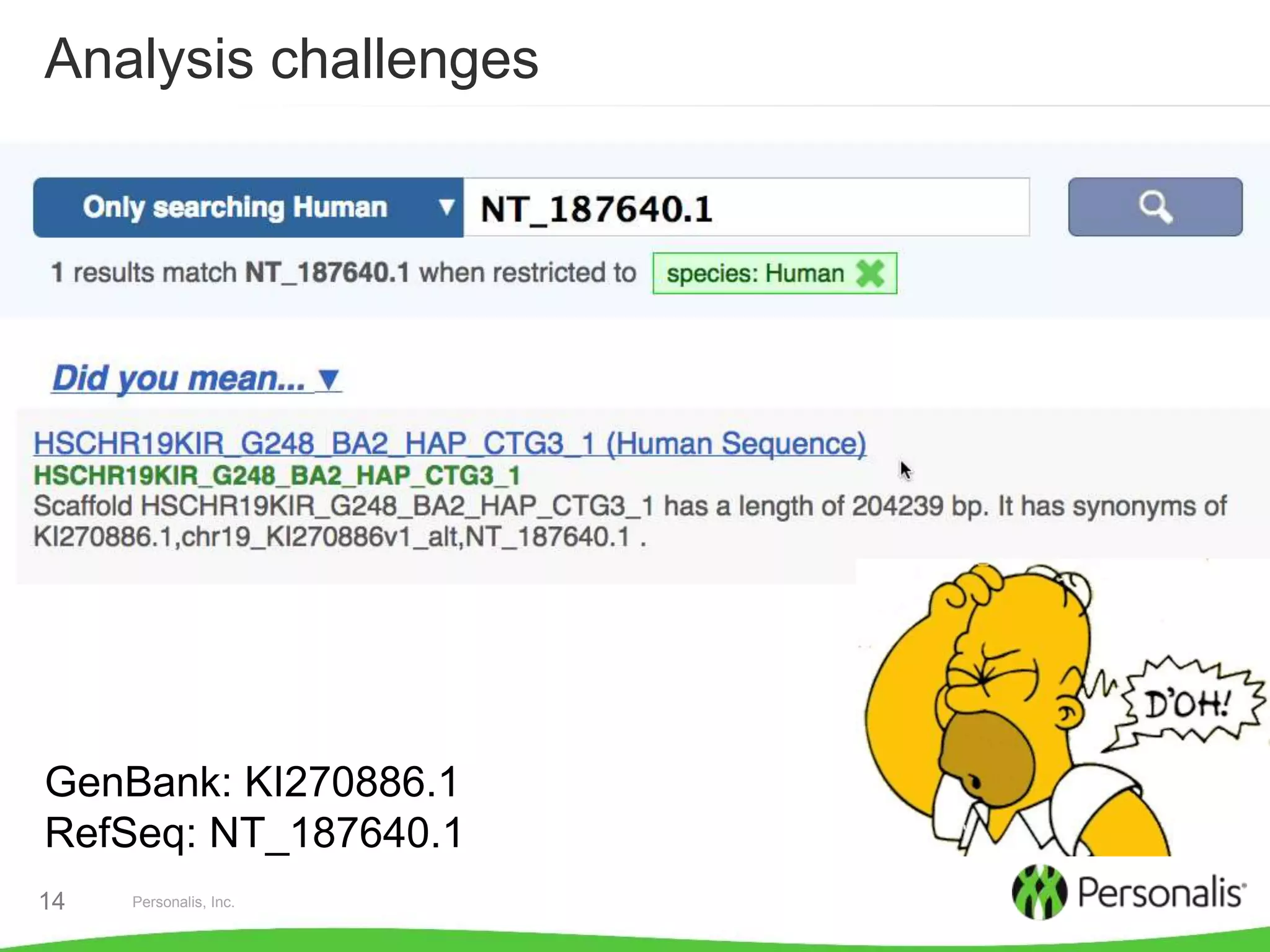 Personalis, Inc.14
Analysis challenges
chr19_KI270938v1_alt
CHR_HSCHR19KIR_G248_BA2_HAP_CTG3_1
GenBank: KI270886.1
RefSeq: NT_187640.1
 