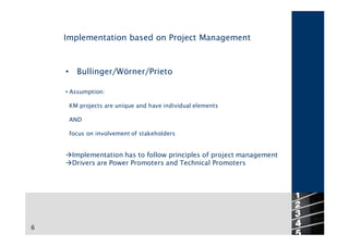 Implementation based on Project Management



    •     Bullinger/Wörner/Prieto

    • Assumption:

        KM projects are unique and have individual elements

        AND

        focus on involvement of stakeholders


    àImplementation has to follow principles of project management
    àDrivers are Power Promoters and Technical Promoters




                                                                     6
6
 