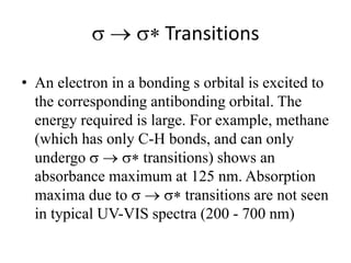  Transitions 
• An electron in a bonding s orbital is excited to 
the corresponding antibonding orbital. The 
energy required is large. For example, methane 
(which has only C-H bonds, and can only 
undergo  transitions) shows an 
absorbance maximum at 125 nm. Absorption 
maxima due to  transitions are not seen 
in typical UV-VIS spectra (200 - 700 nm) 
 