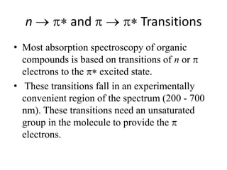 n  and  Transitions 
• Most absorption spectroscopy of organic 
compounds is based on transitions of n or  
electrons to the  excited state. 
• These transitions fall in an experimentally 
convenient region of the spectrum (200 - 700 
nm). These transitions need an unsaturated 
group in the molecule to provide the  
electrons. 
 