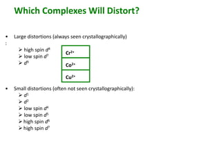 Which Complexes Will Distort? 
• Large distortions (always seen crystallographically) 
: 
 high spin d4 
 low spin d7 
 d9 
• Small distortions (often not seen crystallographically): 
 d1 
 d2 
 low spin d4 
 low spin d5 
 high spin d6 
 high spin d7 
Cr2+ 
Co2+ 
Cu2+ 
 