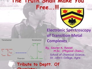 The Truth Shall Make You 
Free….!!! 
Electronic Spectroscopy 
of Transition Metal 
Complexes 
By_ Saurav K. Rawat 
M.Sc. (Physical Chem.) 
School of Chemical Science, 
St. John’s College, Agra 
Tribute to Deptt. Of 
Chemistry 
 