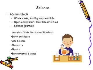 Science
• 45 min block
   – Whole class, small groups and lab
   – Open-ended multi level lab activities
   – Science journals

    Maryland State Curriculum Standards
   •Earth and Space
   •Life Science
   •Chemistry
   •Physics
   •Environmental Science
 